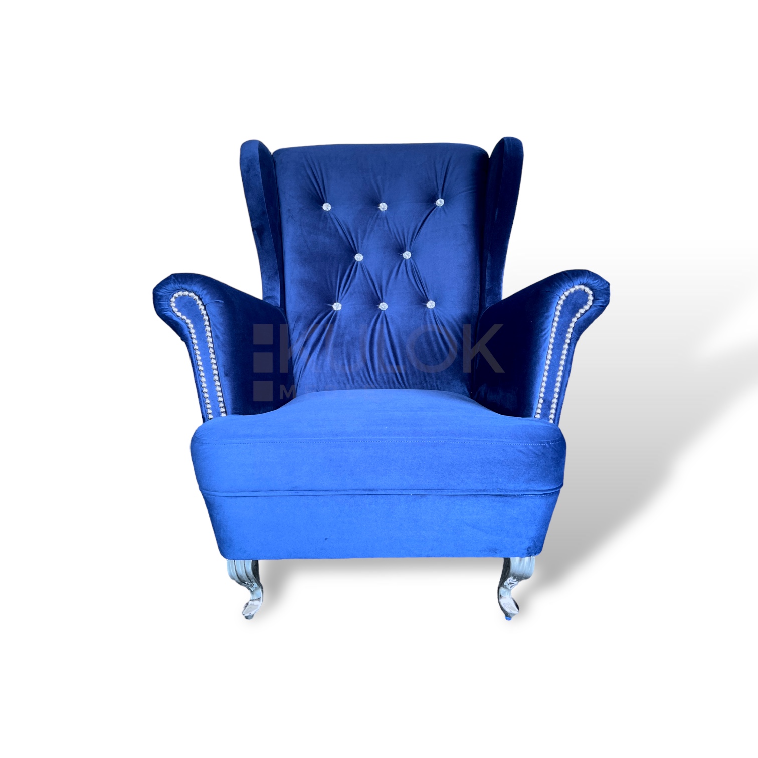 Granatowy fotel uszak do pokoju pikowany styl glamour procent na zamówienie 